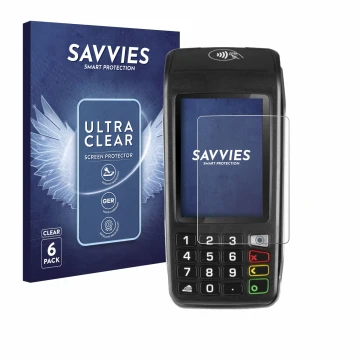 Front side of a product packaging with the brand logo Savvies. Next to it is the device ingenico Move/5000 shown with the corr
