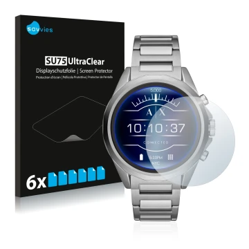 Front side of a product packaging with the brand logo Savvies. Next to it is the device Emporio Armani Connected Exchange AXT2