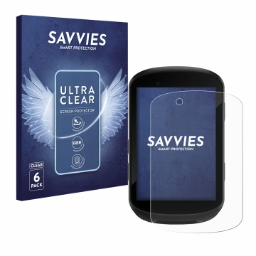 Front side of a product packaging with the brand logo Savvies. Next to it is the device Garmin Edge 830 shown with the corresp