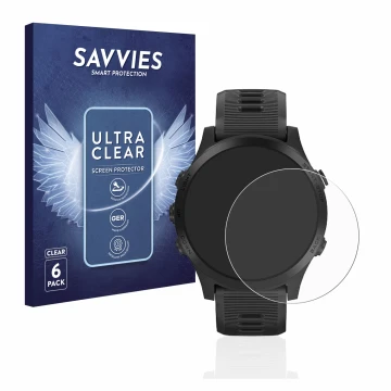 Front side of a product packaging with the brand logo Savvies. Next to it is the device Garmin Forerunner 945 shown with the c