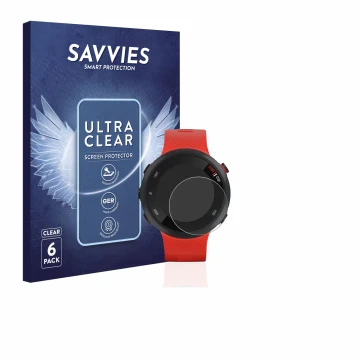 Front side of a product packaging with the brand logo Savvies. Next to it is the device Garmin Forerunner 45 shown with the co