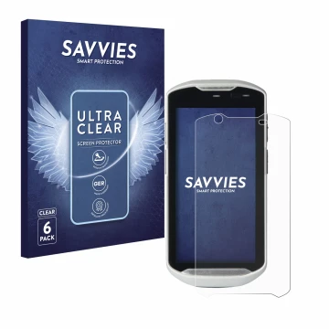 Front side of a product packaging with the brand logo Savvies. Next to it is the device Zebra TC52-HC shown with the correspon