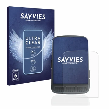 Front side of a product packaging with the brand logo Savvies. Next to it is the device Wahoo Elemnt Roam shown with the corre