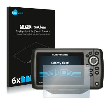 Front side of a product packaging with the brand logo Savvies. Next to it is the device Humminbird Helix 5 shown with the corr