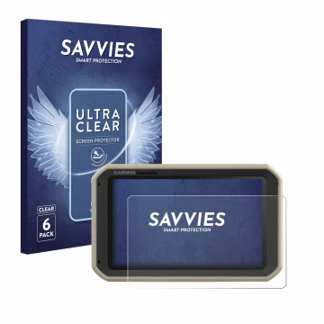 Front side of a product packaging with the brand logo Savvies. Next to it is the device Garmin Overlander shown with the corre