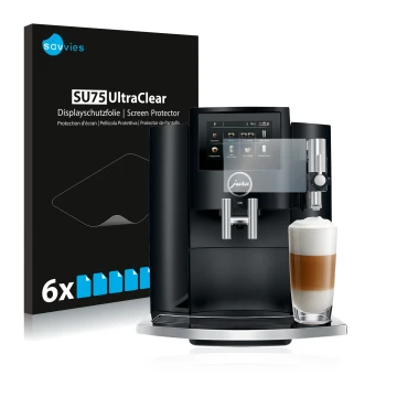 Front side of a product packaging with the brand logo Savvies. Next to it is the device Jura S8 shown with the corresponding s