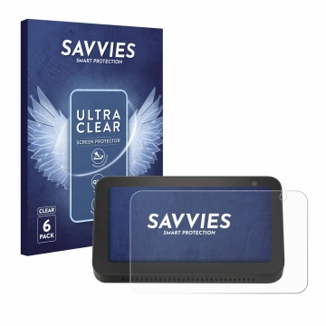 Front side of a product packaging with the brand logo Savvies. Next to it is the device Amazon Echo Show 5 (2nd Gen.) shown wi
