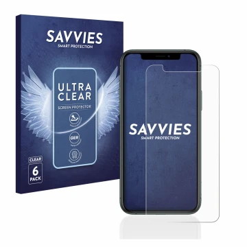 Front side of a product packaging with the brand logo Savvies. Next to it is the device Apple iPhone 11 Pro shown with the cor