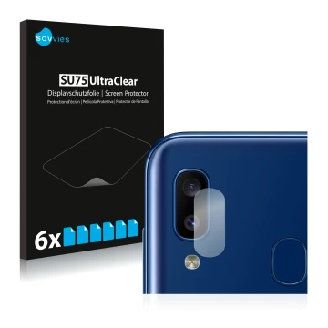 Front side of a product packaging with the brand logo Savvies. Next to it is the device Samsung Galaxy A20e (ONLY Camera Lens)