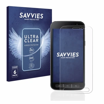 Front side of a product packaging with the brand logo Savvies. Next to it is the device Samsung Galaxy XCover 4s shown with th