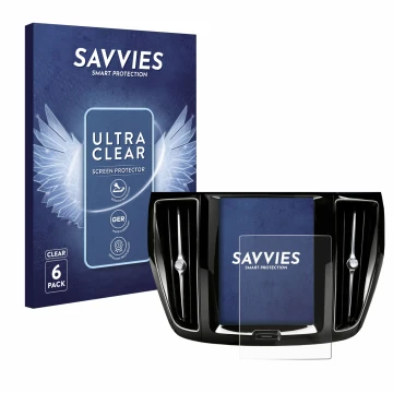 Front side of a product packaging with the brand logo Savvies. Next to it is the device Volvo V60 Sensus Connect 2019-2020 sho