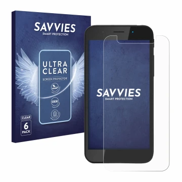 Front side of a product packaging with the brand logo Savvies. Next to it is the device Shiftphones Shift5me shown with the co