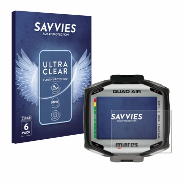 Front side of a product packaging with the brand logo Savvies. Next to it is the device Mares Quad Air shown with the correspo