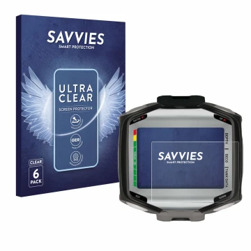 Front side of a product packaging with the brand logo Savvies. Next to it is the device Mares Quad shown with the correspondin