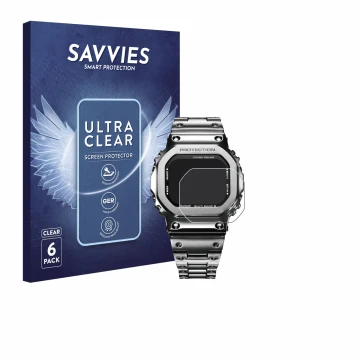 Front side of a product packaging with the brand logo Savvies. Next to it is the device Casio G-Shock GMW-B5000D-1ER shown wit