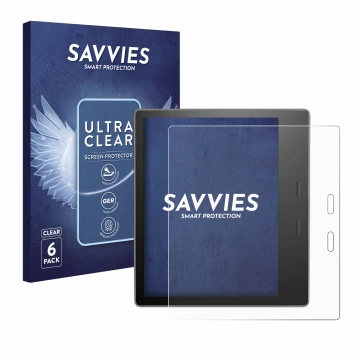 Front side of a product packaging with the brand logo Savvies. Next to it is the device Amazon Kindle Oasis 2019 (10th Gen.) s