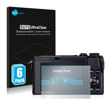 Front side of a product packaging with the brand logo Savvies. Next to it is the device Canon PowerShot G5 X Mark II shown wit