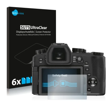 Front side of a product packaging with the brand logo Savvies. Next to it is the device Leica V-LUX 5 shown with the correspon