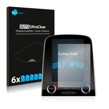 Front side of a product packaging with the brand logo Savvies. Next to it is the device Renault Espace R-Link 2 8.7