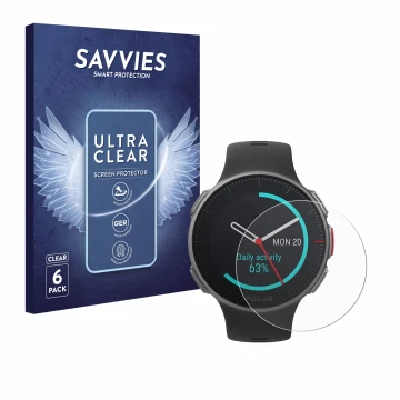 Front side of a product packaging with the brand logo Savvies. Next to it is the device Polar Vantage V Titan shown with the c