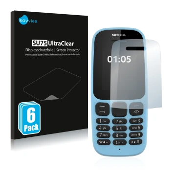 Front side of a product packaging with the brand logo Savvies. Next to it is the device Nokia 105 2019 shown with the correspo