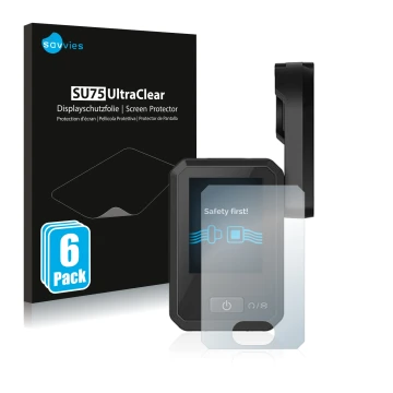 Front side of a product packaging with the brand logo Savvies. Next to it is the device Flyer Display D0 shown with the corres