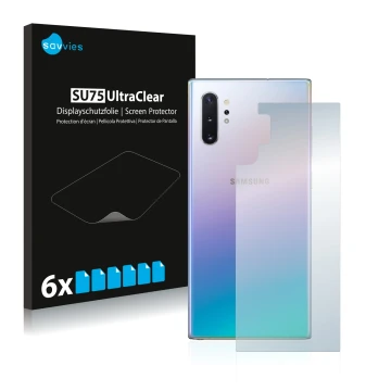 Front side of a product packaging with the brand logo Savvies. Next to it is the device Samsung Galaxy Note 10 Plus (Back) sho