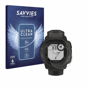 Front side of a product packaging with the brand logo Savvies. Next to it is the device Garmin Instinct Tactical Edition shown