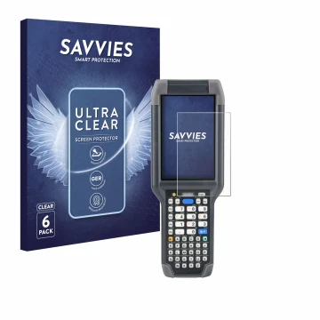 Front side of a product packaging with the brand logo Savvies. Next to it is the device Honeywell Dolphin CK65 shown with the 