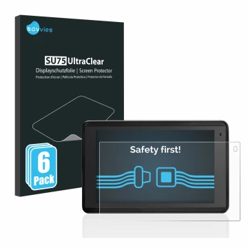 Front side of a product packaging with the brand logo Savvies. Next to it is the device Garmin Aera 660 shown with the corresp