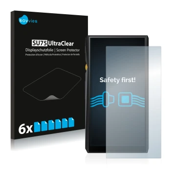 Front side of a product packaging with the brand logo Savvies. Next to it is the device FiiO M11 shown with the corresponding 