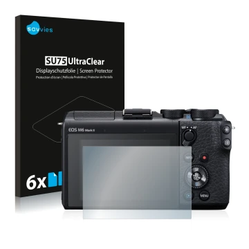 Front side of a product packaging with the brand logo Savvies. Next to it is the device Canon EOS M6 Mark II shown with the co