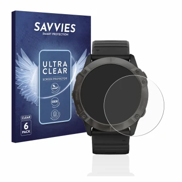Front side of a product packaging with the brand logo Savvies. Next to it is the device Garmin Fenix 6X Pro shown with the cor