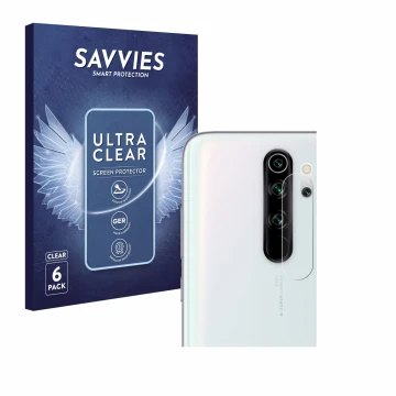 Front side of a product packaging with the brand logo Savvies. Next to it is the device Xiaomi Redmi Note 8 Pro (ONLY Camera L
