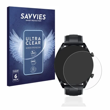 Front side of a product packaging with the brand logo Savvies. Next to it is the device Huawei Watch GT 2 (46 mm) shown with t
