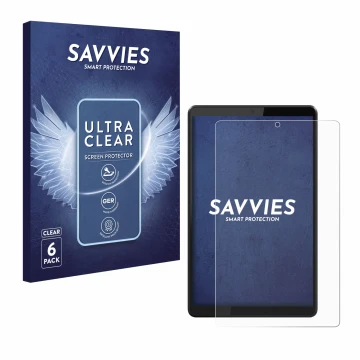 Front side of a product packaging with the brand logo Savvies. Next to it is the device Lenovo Tab M8 shown with the correspon