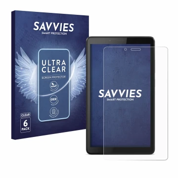 Front side of a product packaging with the brand logo Savvies. Next to it is the device Lenovo Tab M7 shown with the correspon