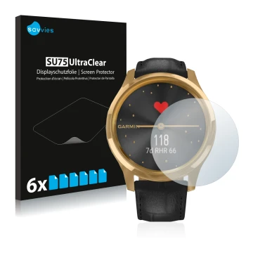 Front side of a product packaging with the brand logo Savvies. Next to it is the device Garmin vivomove Luxe (42 mm) shown wit