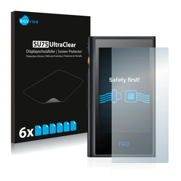 Front side of a product packaging with the brand logo Savvies. Next to it is the device FiiO M9 shown with the corresponding s