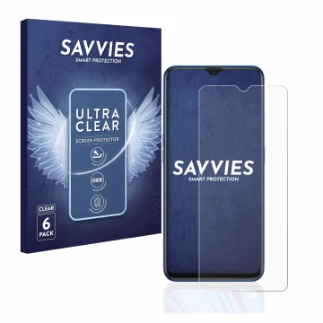 Front side of a product packaging with the brand logo Savvies. Next to it is the device Oppo A9 2020 shown with the correspond