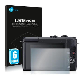 Front side of a product packaging with the brand logo Savvies. Next to it is the device Canon EOS M200 shown with the correspo