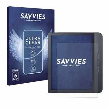Front side of a product packaging with the brand logo Savvies. Next to it is the device Kobo Libra H2O shown with the correspo