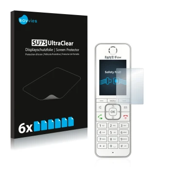 Front side of a product packaging with the brand logo Savvies. Next to it is the device AVM Fritz!Fon C6 shown with the corres