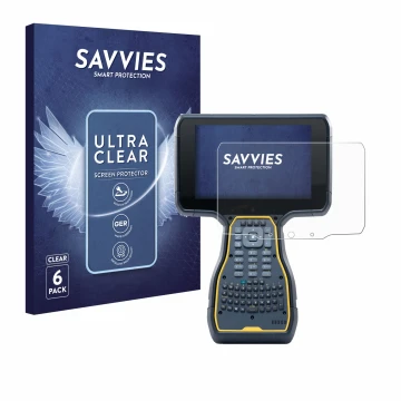Front side of a product packaging with the brand logo Savvies. Next to it is the device Trimble TSC7 Controller shown with the