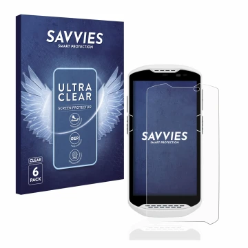 Front side of a product packaging with the brand logo Savvies. Next to it is the device Zebra TC57 shown with the correspondin