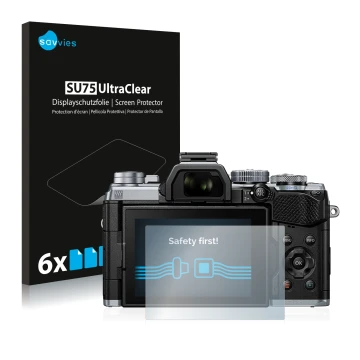 Front side of a product packaging with the brand logo Savvies. Next to it is the device Olympus OM-D E-M5 Mark III shown with 