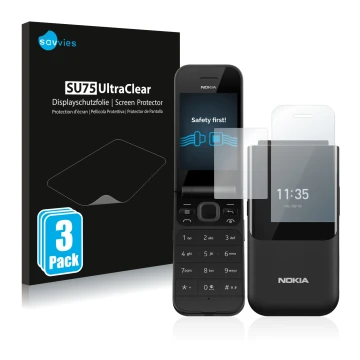 Front side of a product packaging with the brand logo Savvies. Next to it is the device Nokia 2720 Flip shown with the corresp