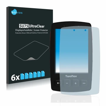 Front side of a product packaging with the brand logo Savvies. Next to it is the device TwoNav Trail 2 Bike shown with the cor