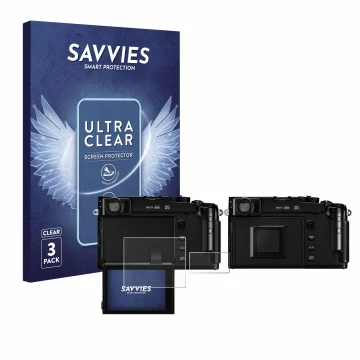 Front side of a product packaging with the brand logo Savvies. Next to it is the device Fujifilm X-Pro3 shown with the corresp