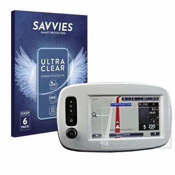 Front side of a product packaging with the brand logo Savvies. Next to it is the device TomTom Smart 453 2018 shown with the c